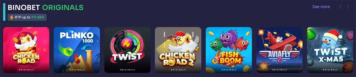 BINOBET Originals game carousel showing tiles for Chicken Road, Plinko 1000, Twist, Chicken Road 2, Fish Boom, Aviafly 2, and Twist X-Mas, with an “RTP up to 111.49%” label.