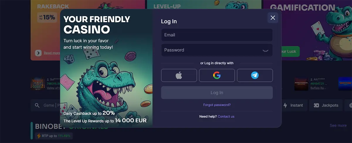 Casino login pop-up over a dark site background, showing “Your Friendly Casino” artwork with a cartoon dinosaur and promos (cashback up to 20%, rewards up to 14,000 EUR), plus email/password fields and Apple/Google/Telegram login buttons.